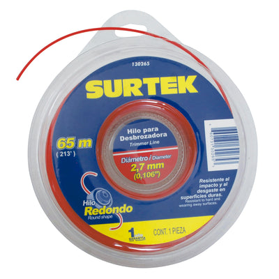 Nylon para Desbrozadora Redondo Roja 2.7 mm x 65 m Surtek 130265