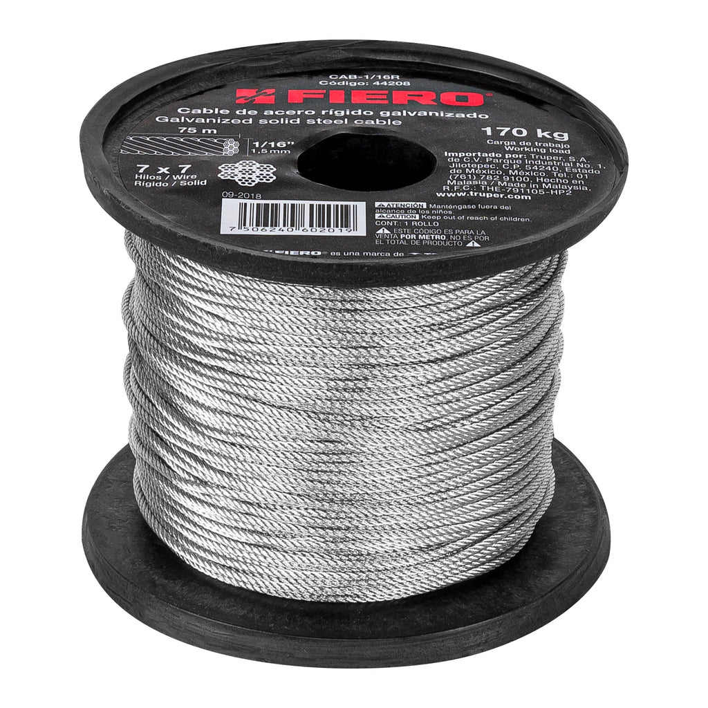 Metro De Cable Rígido 1/16" De Acero 7x7 Hilos, 75 m, Fiero 44208
