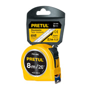 Flexómetro Amarillo 8 m Cinta 25 mm, En Tarjeta, Pretul 21603