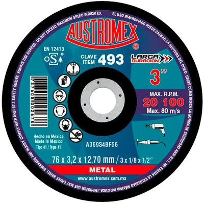 Disco Abrasivo para Corte de Metal de 3 x 1/8 x 1/2 Austromex 493