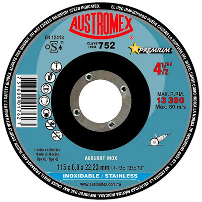 Disco Abrasivo para Corte de Acero Inoxidable de 4-1/2 x 1/32 x 7/8 Austromex 752