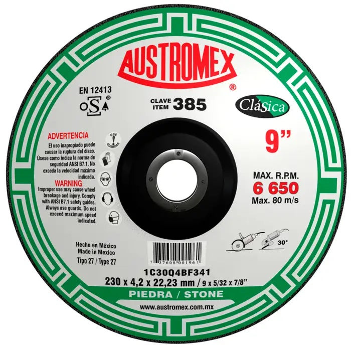 Disco Abrasivo para Desbaste y Corte de Piedra de 9 x 5/32 x 7/8 Austromex 385