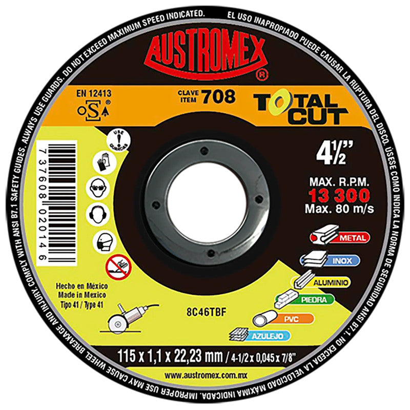Disco Abrasivo Multipropósito 4-1/2 x 0.045 x 7/8 Austromex 708
