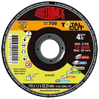 Disco Abrasivo Multipropósito 4-1/2 x 0.045 x 7/8 Austromex 708