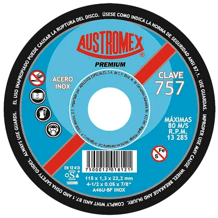 Disco Abrasivo para Corte de Acero Inoxidable de 4-1/2 x 0.05 x 7/8 Austromex 757***