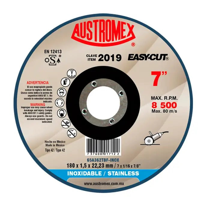 Disco Abrasivo para Corte de Acero Inoxidable de 7 x 1/16 x 7/8 Austromex 2019