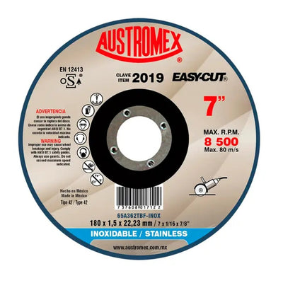 Disco Abrasivo para Corte de Acero Inoxidable de 7 x 1/16 x 7/8 Austromex 2019