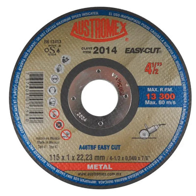 Disco Abrasivo para Corte Rápido de Metal de 4-1/2 x 1-3/8 x 1/4 Austromex 2014