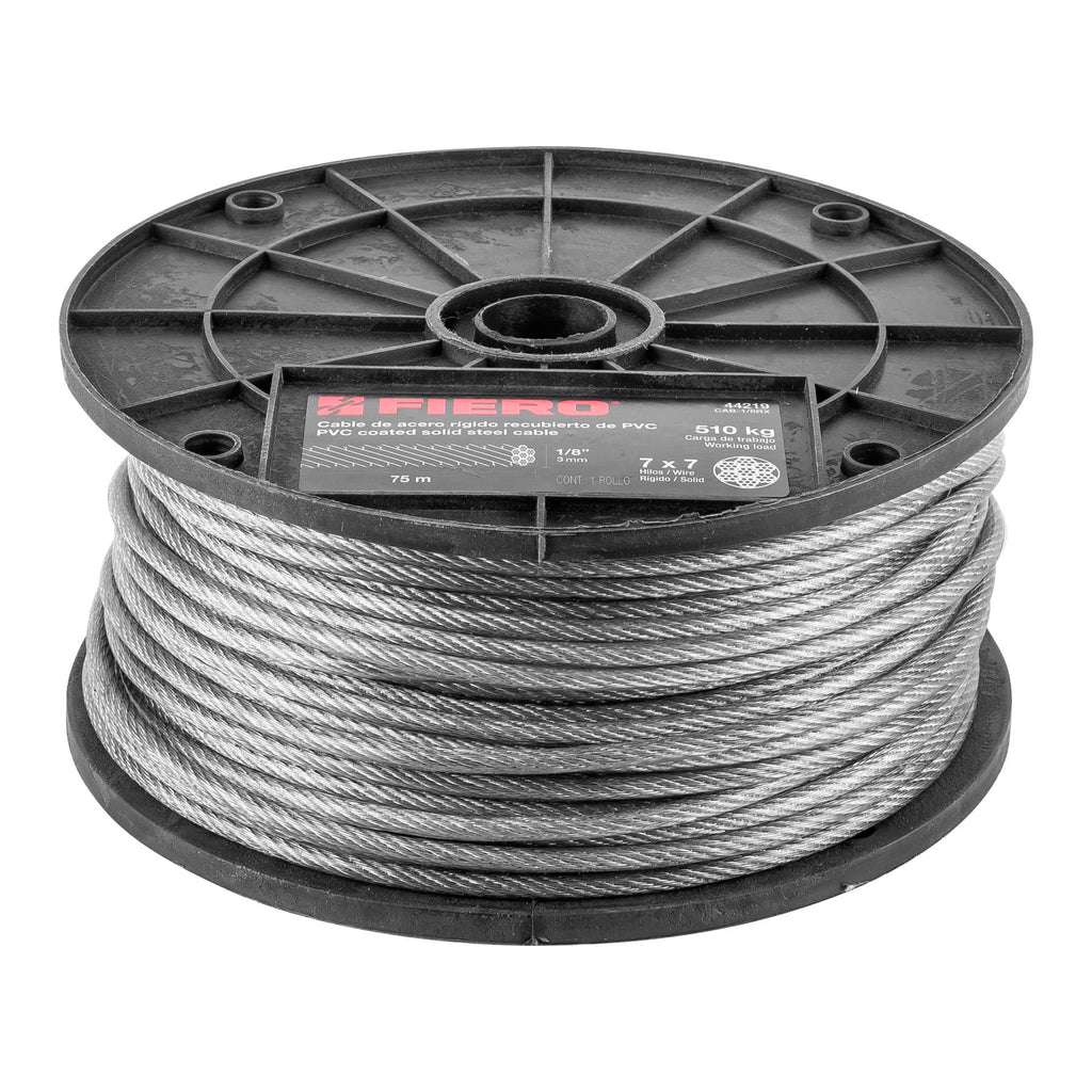 Cable Rígido 1/8" Acero 7x7 Recubierto PVC, 75 m, Fiero 44219