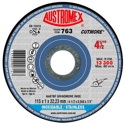 Disco Abrasivo para Corte Acero Inoxidable de 4-1/2 x 3/64 x 7/8 Austromex 763