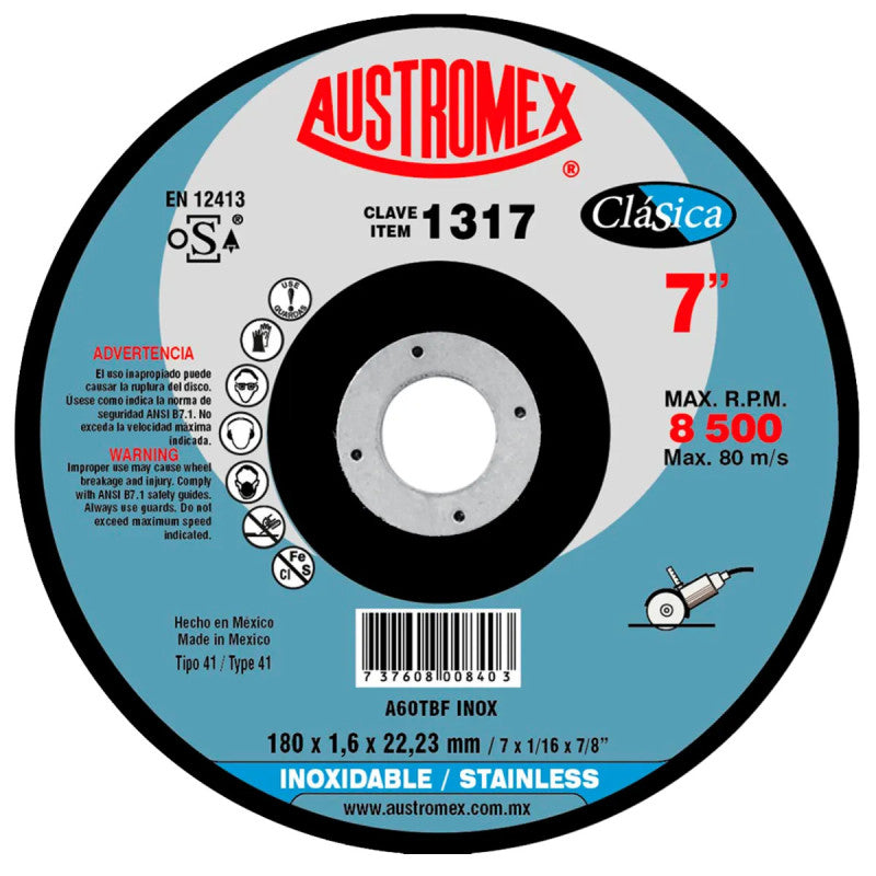 Disco Abrasivo para Corte de Acero Inoxidable de 7 x 1/16 x 7/8 Austromex 1317