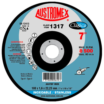 Disco Abrasivo para Corte de Acero Inoxidable de 7 x 1/16 x 7/8 Austromex 1317
