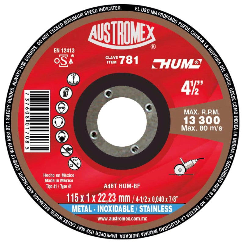 Disco Abrasivo para Corte de Acero Inoxidable de 4-1/2 x 0.040 x 7/8 Austromex 781