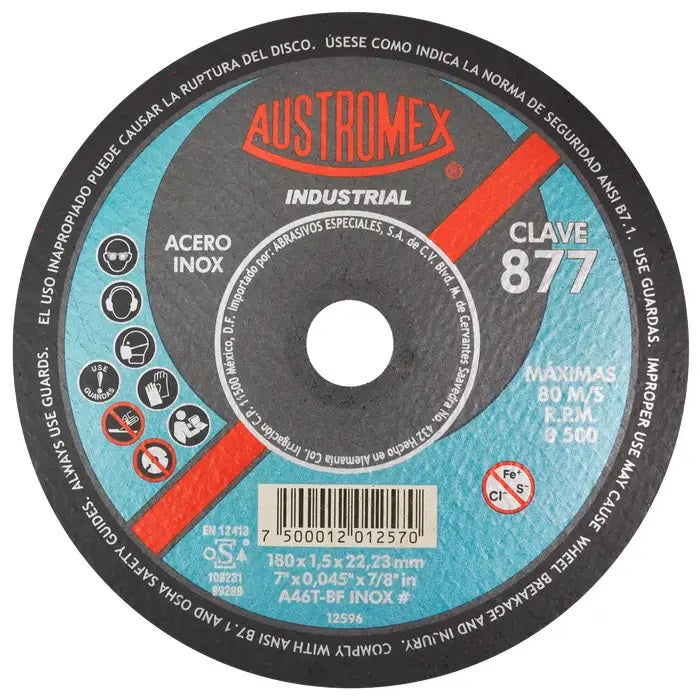 Disco Abrasivo de 7 x 0.045 x 7/8 para Corte de Acero Inoxidable Austromex 877