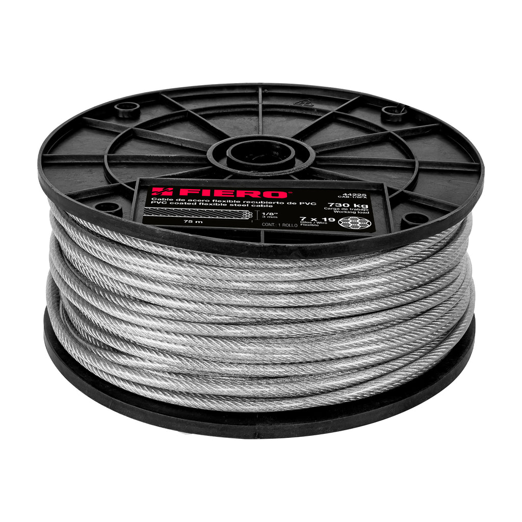 Metro Cable Flexible 1/8" Acero 7x19 Recubierto PVC, 75 m, Fiero 44225