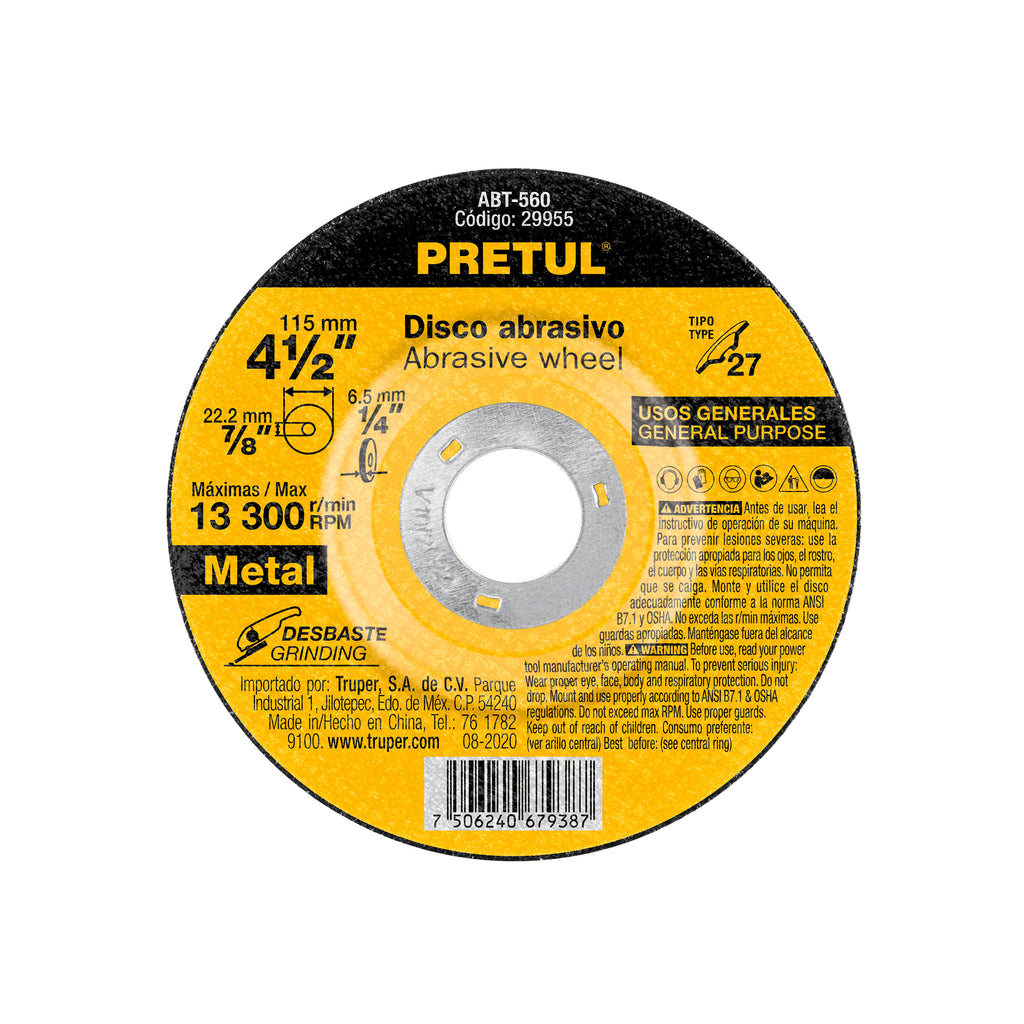 Disco Tipo 27 De 4-1/2' x 6.2 mm Desbaste De Metal, Pretul 29955