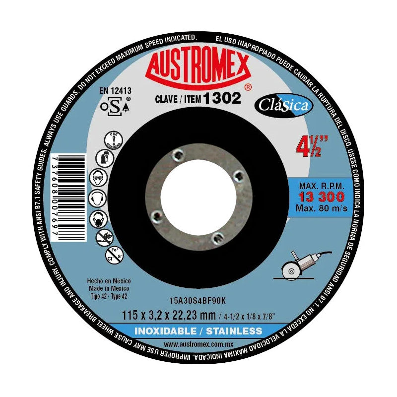 Disco Abrasivo para Corte de Acero Inoxidable de 4-1/2 x 1/8 x 7/8  Austromex 1302
