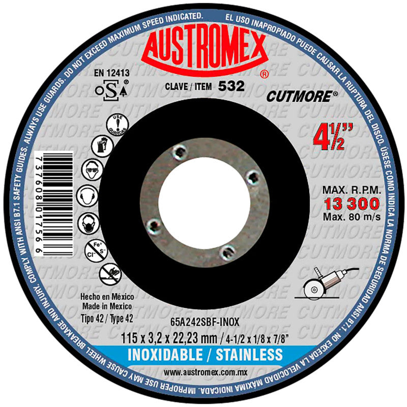 Disco de Corte de Acero Inoxidable 4-1/2 x 1/8 x 7/8 Austromex 532