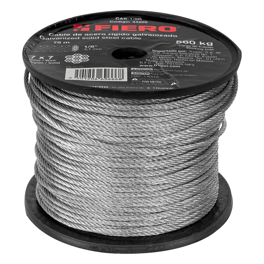 Metro De Cable Rígido 1/8" De Acero 7x7" Hilos, 75 m, Fiero 44205