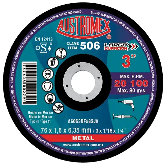 Disco Abrasivo para Corte de Metal de 3 x 1/16 x 1/4 Austromex 506