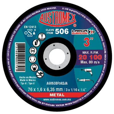 Disco Abrasivo para Corte de Metal de 3 x 1/16 x 1/4 Austromex 506
