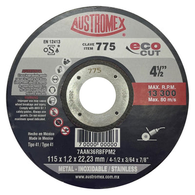 Disco Abrasivo para Corte de Acero al Carbon y Inoxidable de 4 1/2 x 3/64 x 7/8 Austromex 775