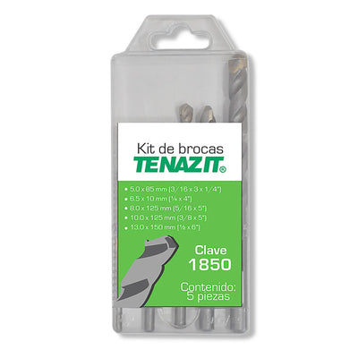 Kit de Brocas para Concreto de 5 - 6.5 - 8 - 10 -13 mm Tenazit 1850