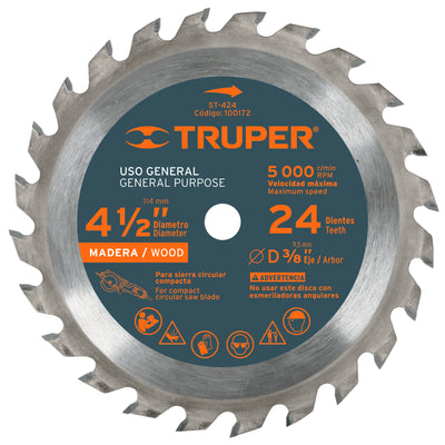 Disco Sierra P/Madera 4-1/2'' 24 Dientes Centro 3/8'', Truper 100172