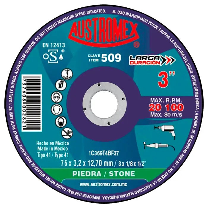 Disco Abrasivo para Corte de Piedra de 3 x 1/8 x 1/2 Austromex 509